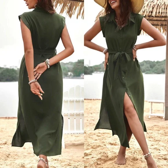 π CASUAL CLASSY DARK GREEN BELTED MAXI DRESS! - Picture 2 of 6